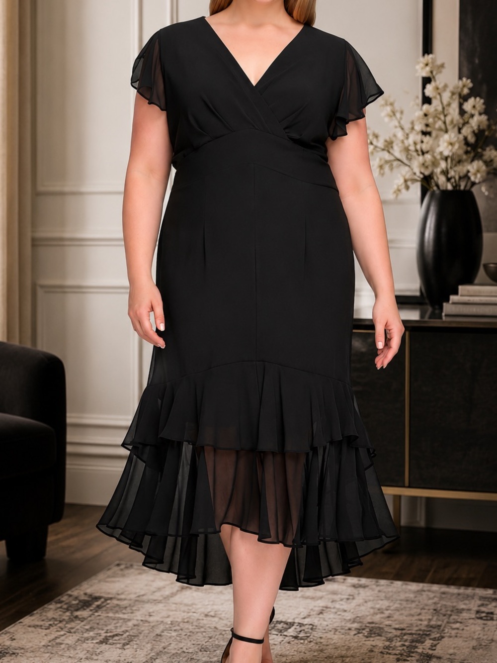 Tommy Hilfiger Jamala Dress 14W Black Chiffon Ruffle Midi Hi Low NWT $129